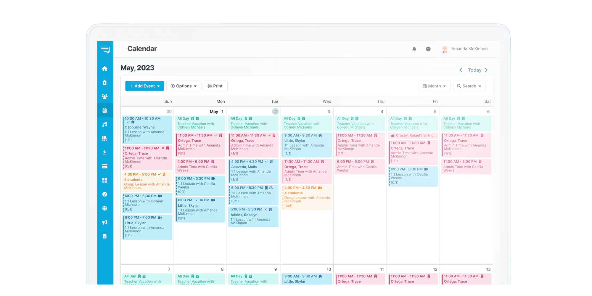 My Music Staff calendar displaying recurring classes in lesson scheduling software for music school.