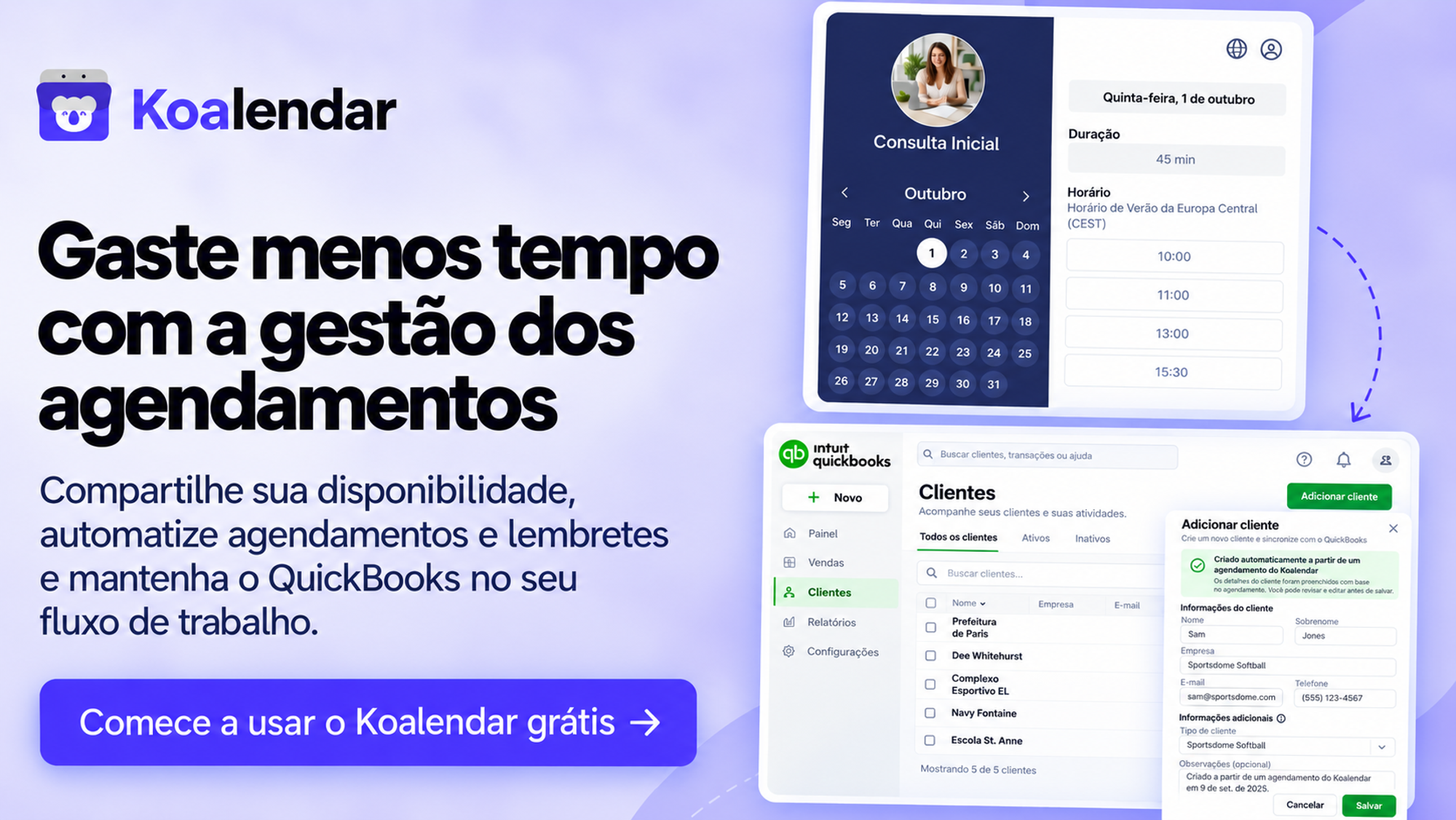 Banner do Koalendar mostrando uma página de agendamento e uma lista de clientes do QuickBooks para um software de agendamento integrado ao QuickBooks.