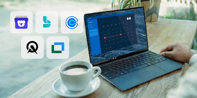 Person looking at a calendar on a laptop with scheduling software that integrates with outlook with a cup of coffee on the desk