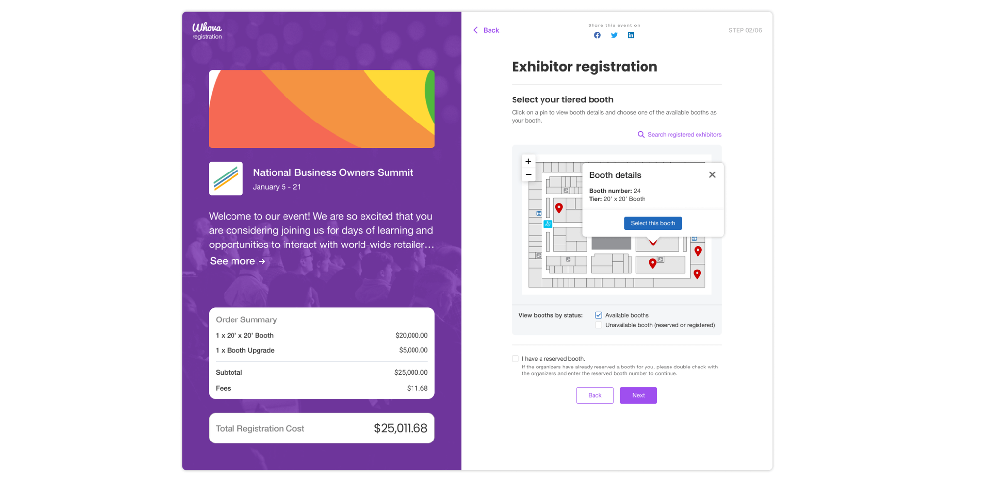 whova event facility scheduling software used for exhibition registration