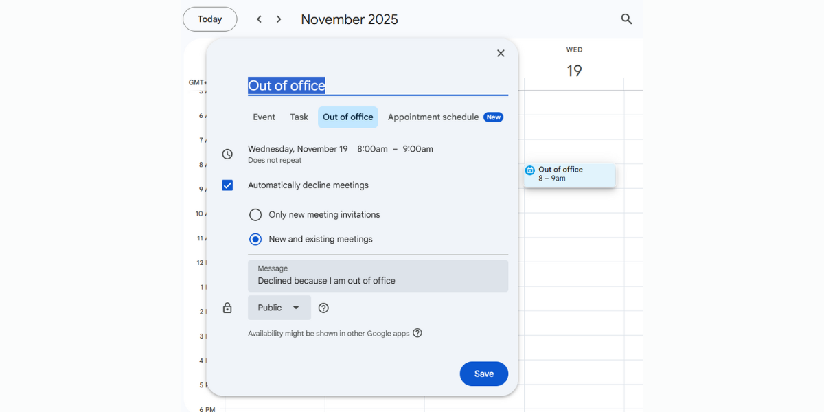Out of office productivity hack Google Calendar