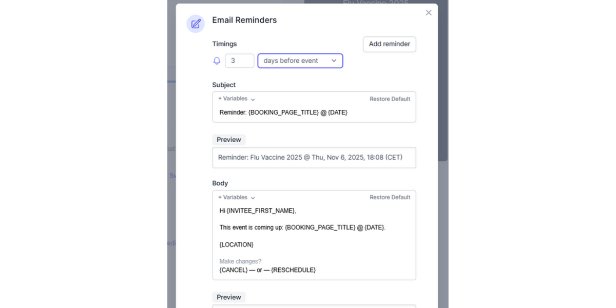 Screenshot of meeting reminder setup in Koalendar