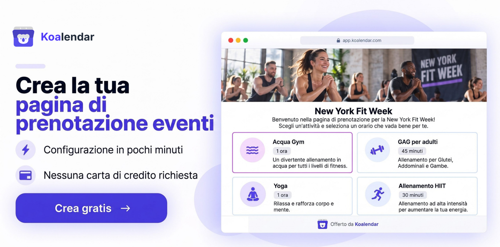 Banner di Koalendar che mostra una pagina di prenotazione di eventi e il funzionamento del software per la pianificazione degli eventi