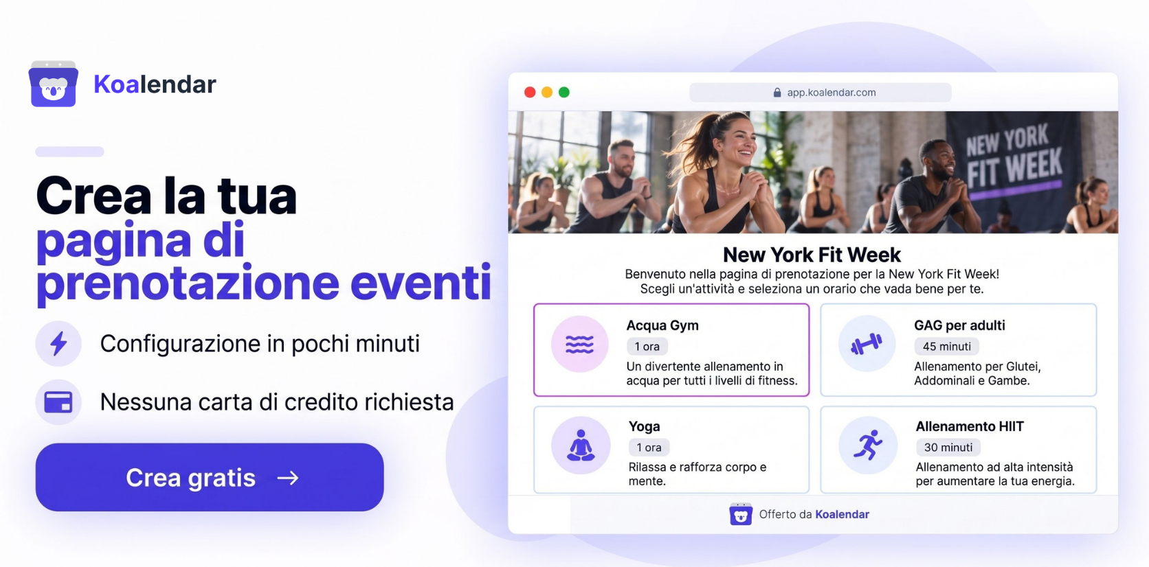 Banner di Koalendar che mostra una pagina di prenotazione di eventi e il funzionamento del software per la pianificazione degli eventi