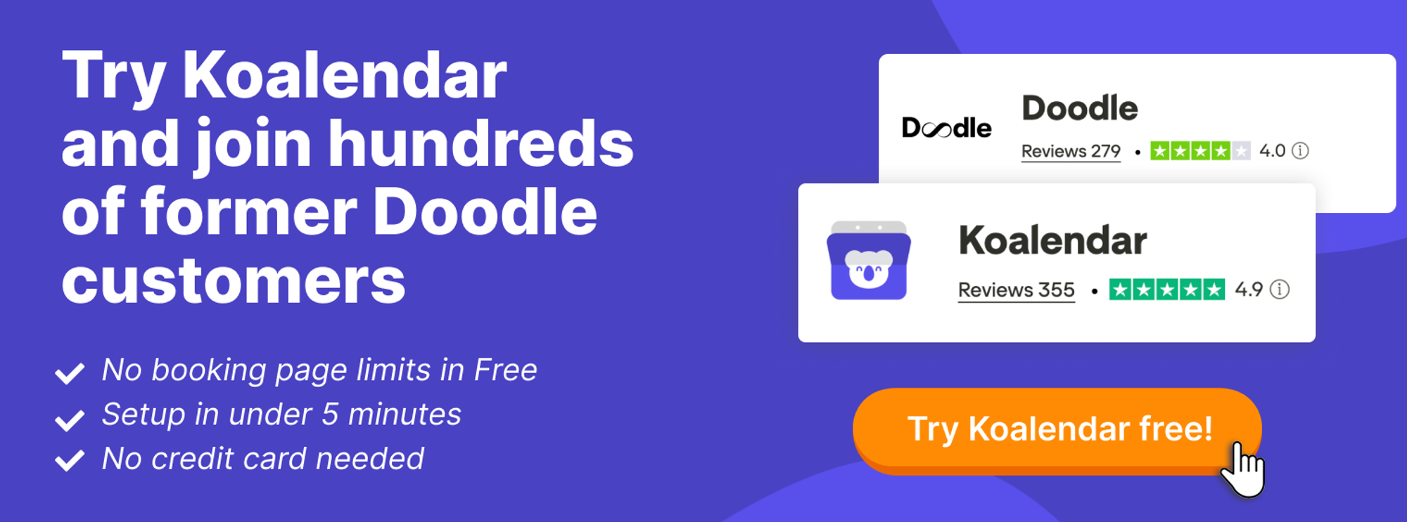 Banner of Koalendar scheduling tool compared to Doodle with trustpilot reviews