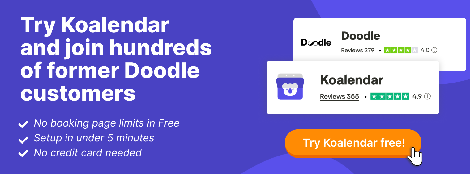 Banner of Koalendar scheduling tool compared to Doodle with trustpilot reviews