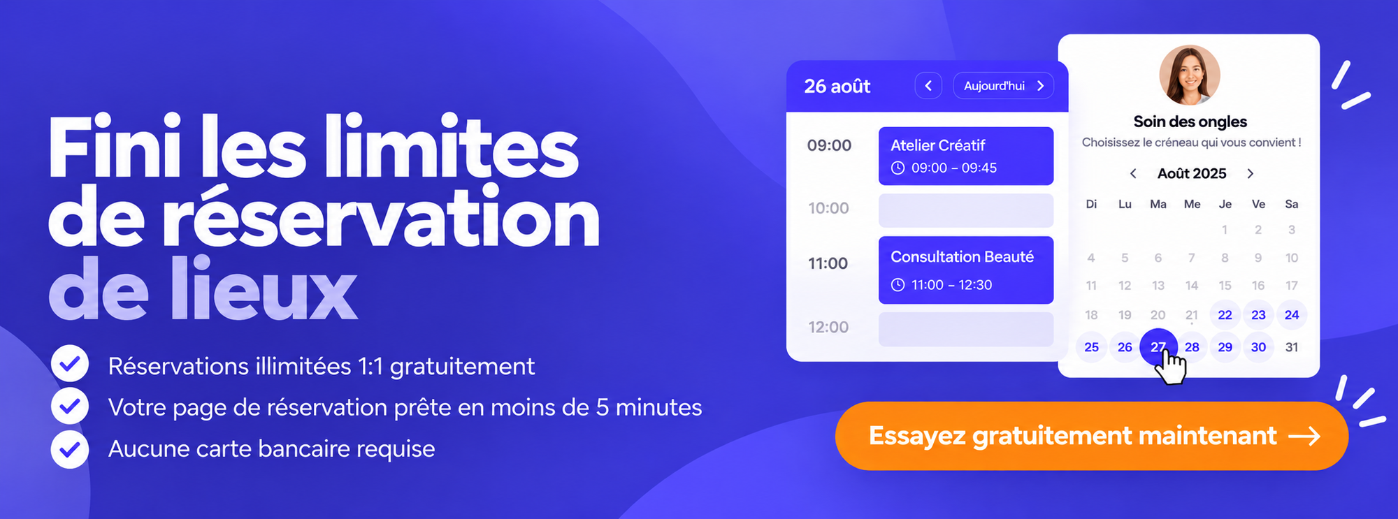 Bannière Koalendar invitant les utilisateurs de Group polls à quitter Doodle pour profiter d’une offre gratuite sans limite de pages de réservation.
