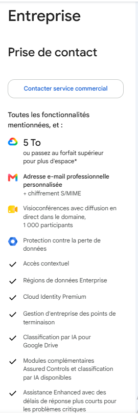 Capture d’écran des fonctionnalités du forfait Google Workspace Enterprise