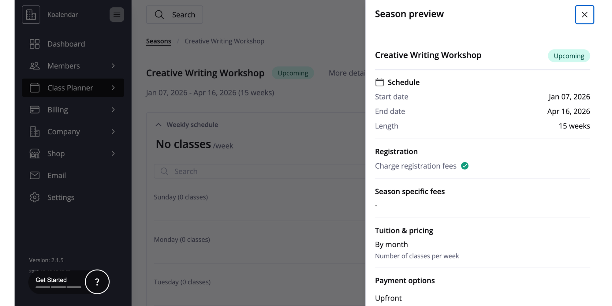 Class Manager class scheduling software showing course setup, class bookings, registration fees, and school scheduling tools
