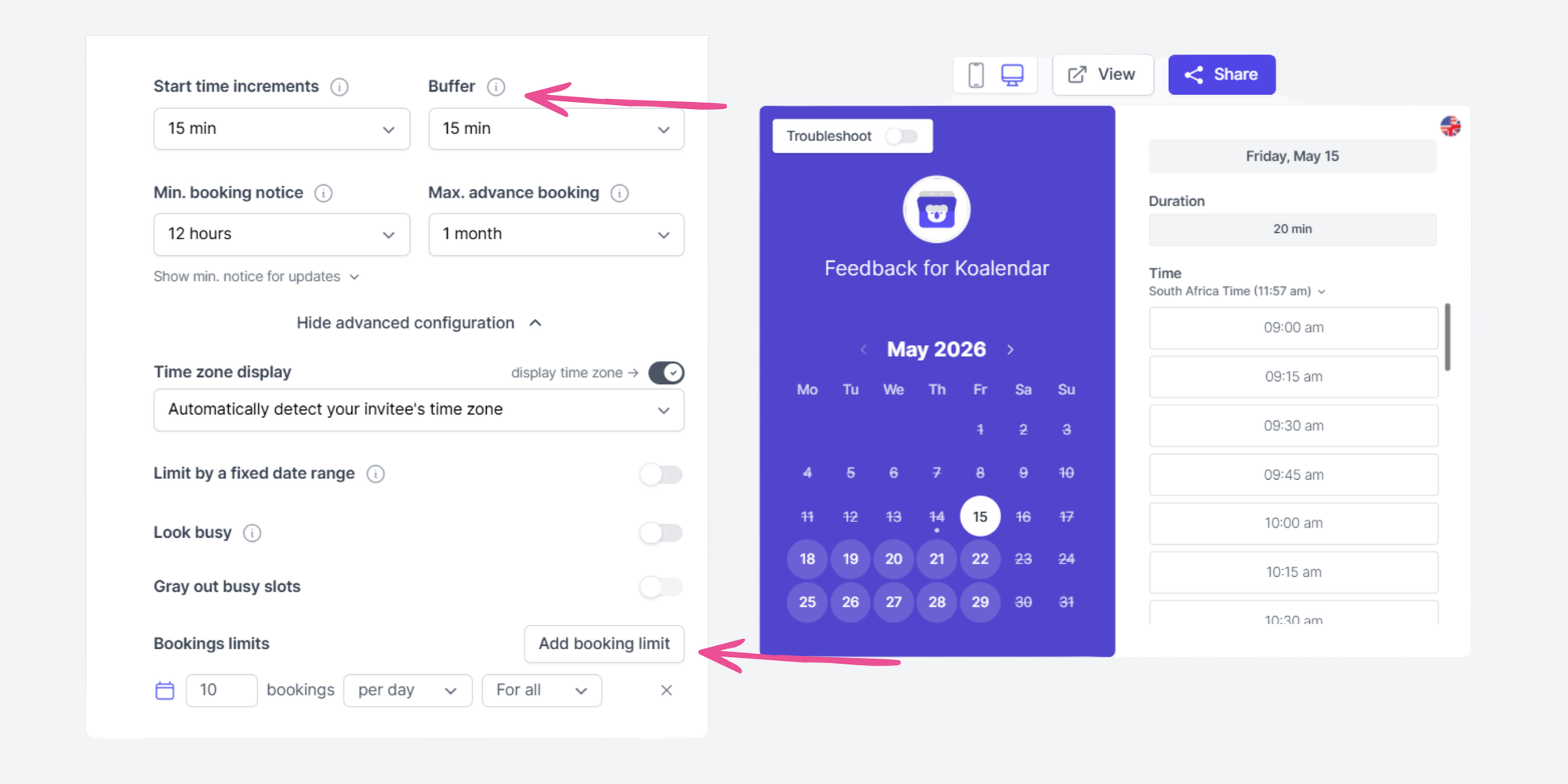 buffer time and booking limitis in koalendar scheduling software