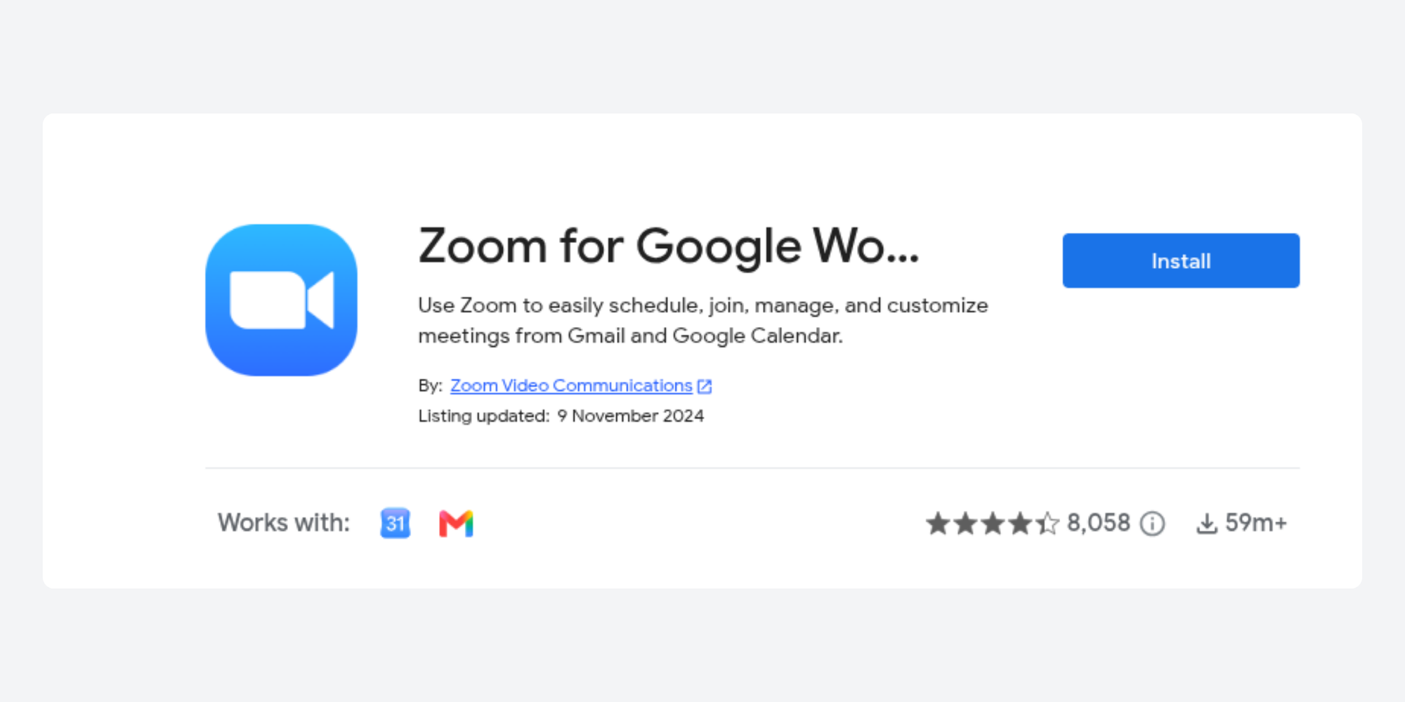 Zoom for Google Workspace install screen on Google Marketplace
