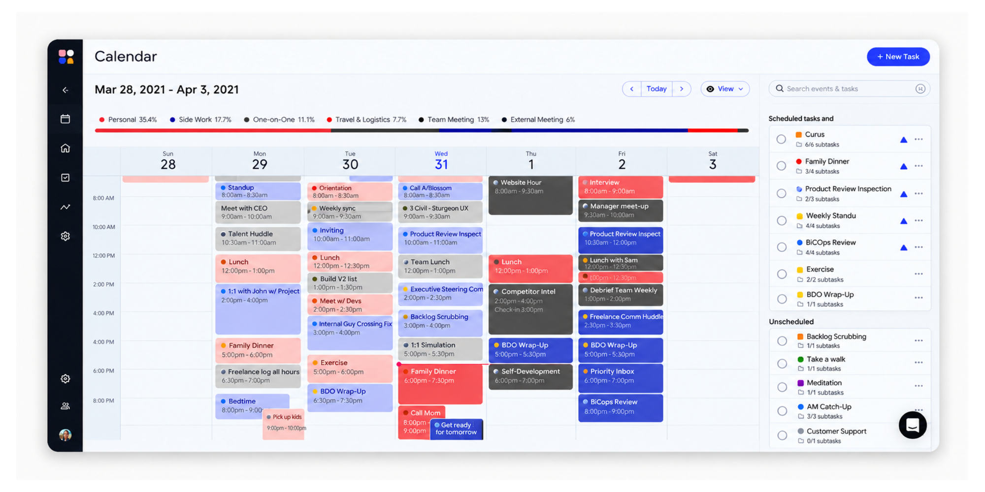 Reclaim AI weekly calendar with focus blocks, habits and meetings in a comparison of notion calendar competitors.