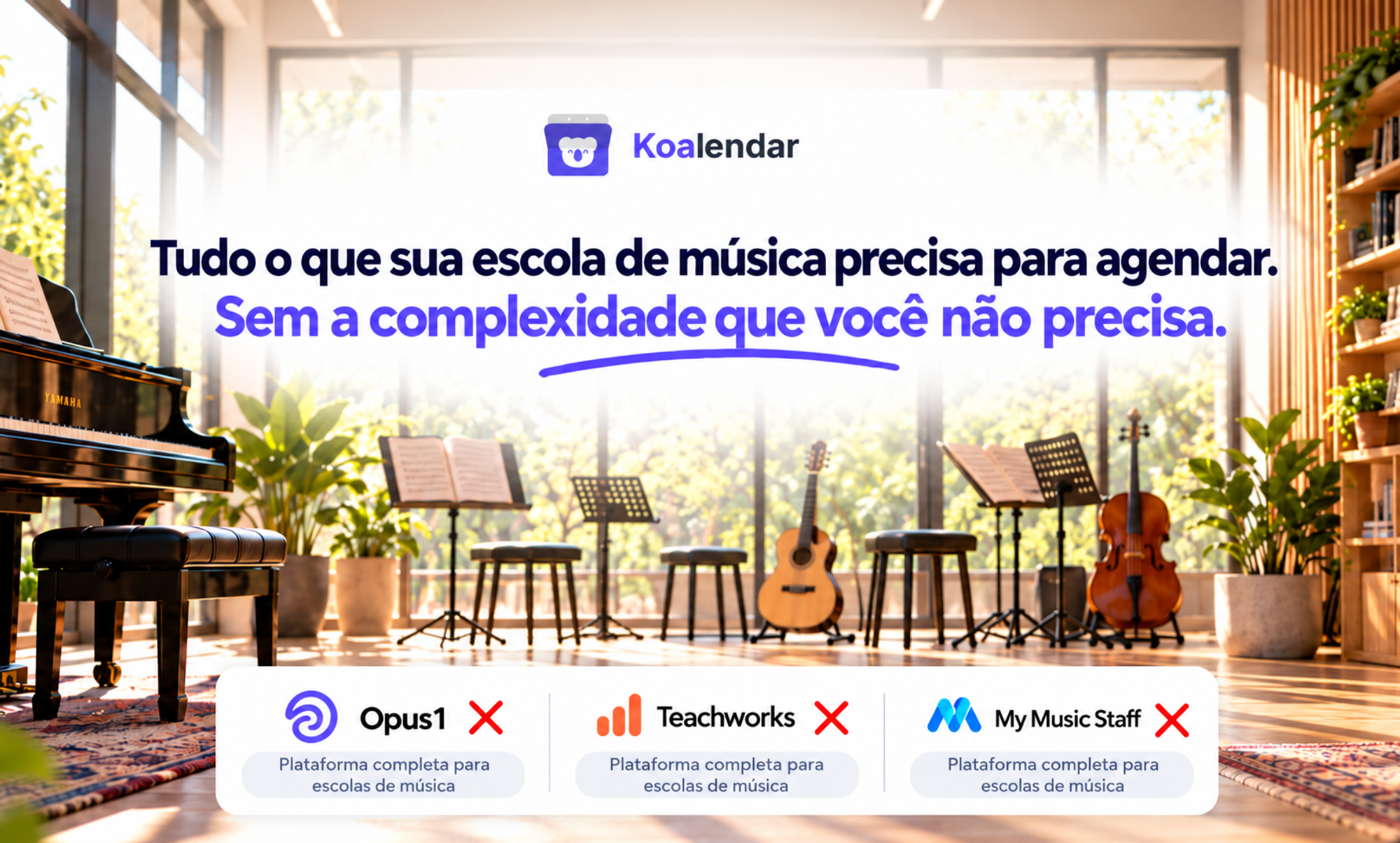 Banner do software de agendamento para escolas de música Koalendar, mostrando instrumentos em um estúdio de música bem iluminado.
