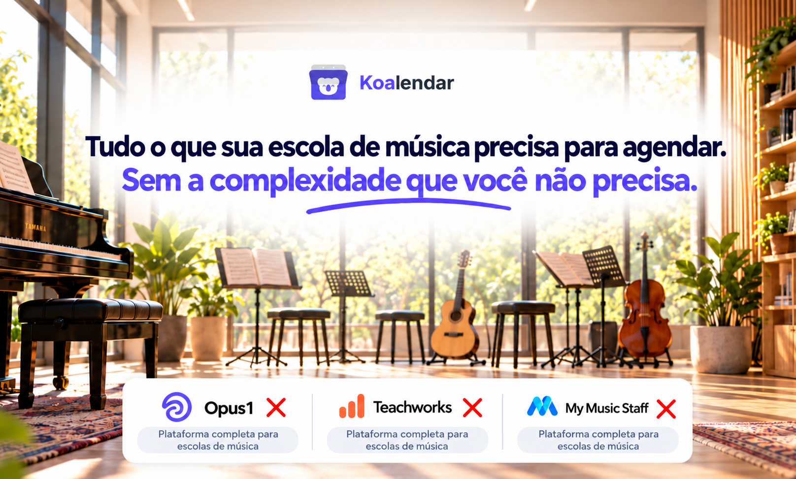 Banner do software de agendamento para escolas de música Koalendar, mostrando instrumentos em um estúdio de música bem iluminado.