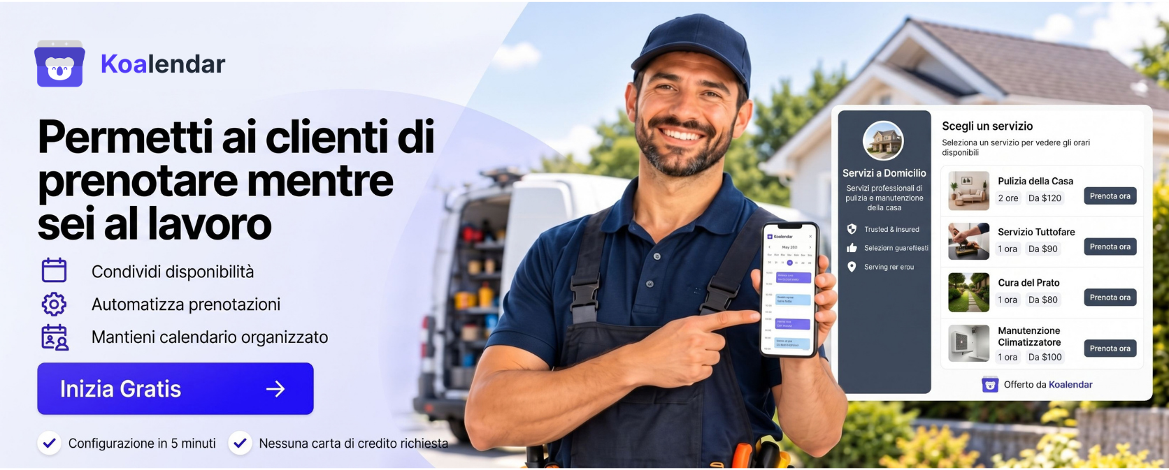 Banner di Koalendar che mostra un software di pianificazione per servizi a domicilio, pensato per gestire le prenotazioni dei clienti mentre si è al lavoro.