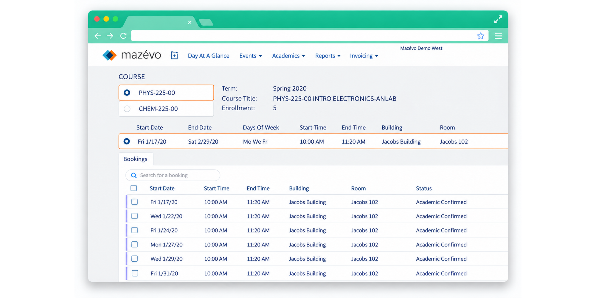 Mazévo venue scheduling software event and facility scheduling interface