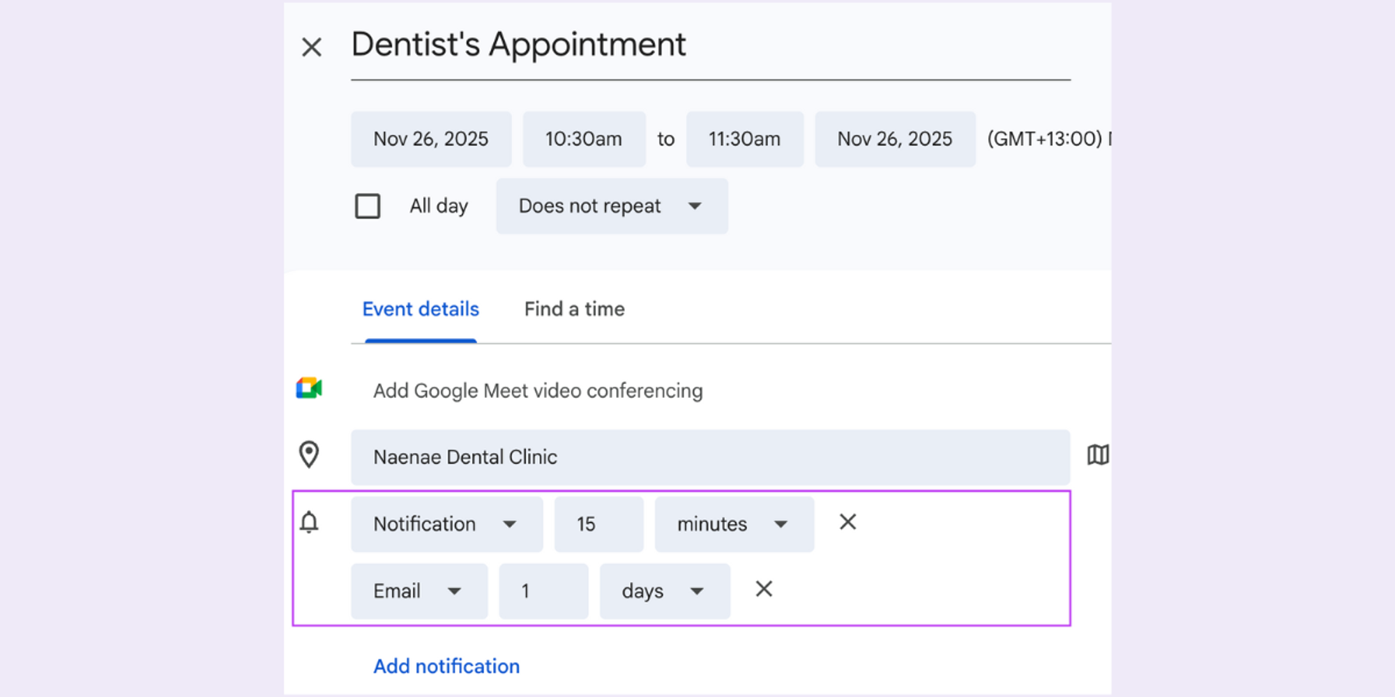 Google Calendar event settings screenshot showing how Google Calendar lacks SMS capability.