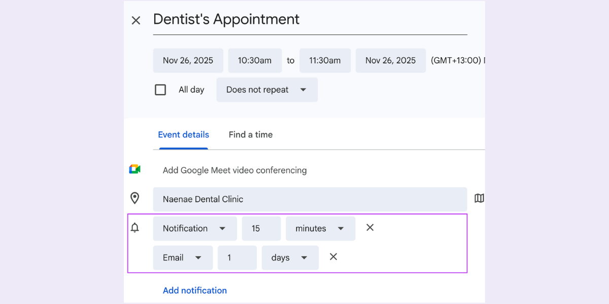 Google Calendar event settings screenshot showing how Google Calendar lacks SMS capability.