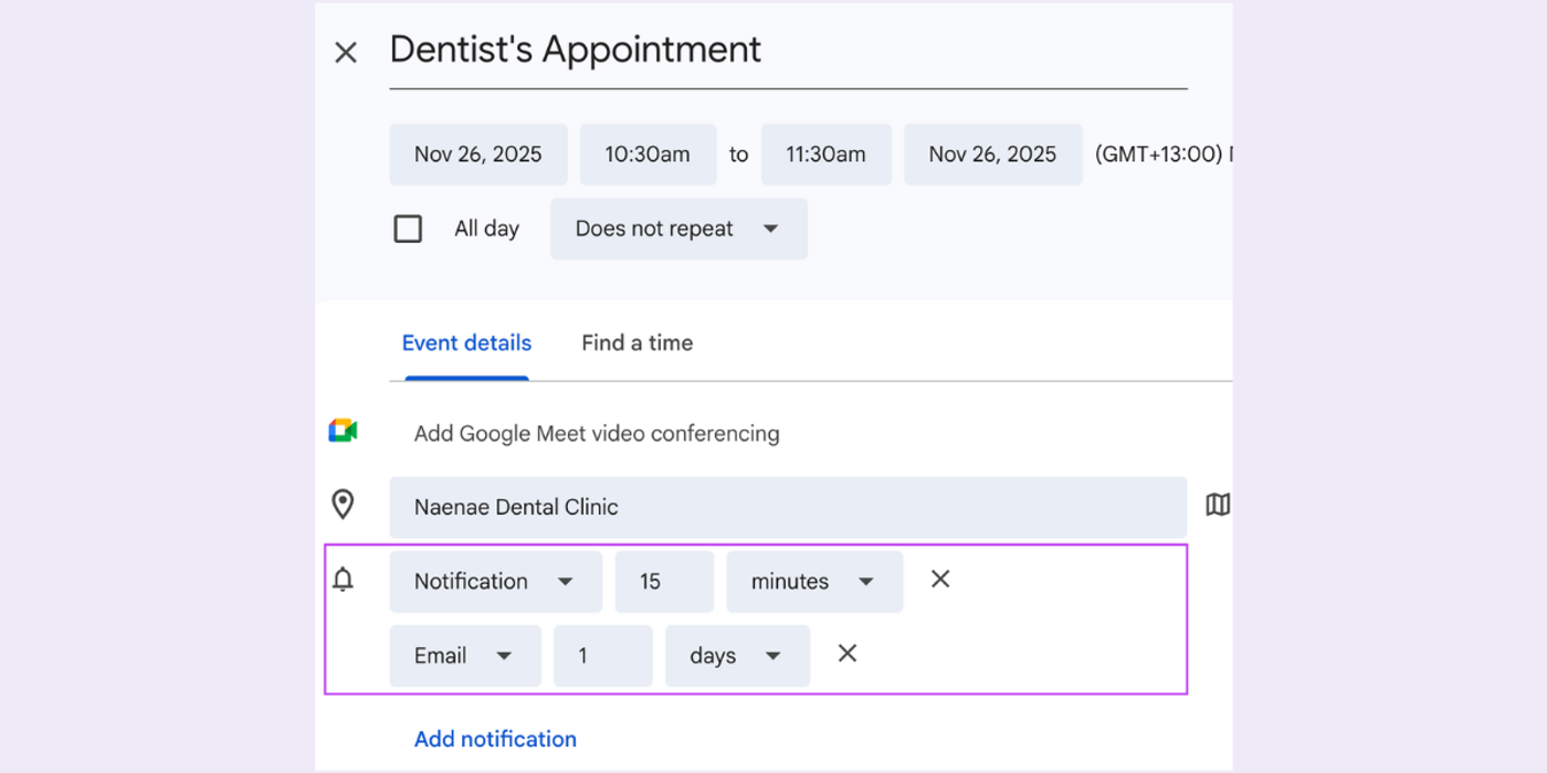 Google Calendar event settings screenshot showing how Google Calendar lacks SMS capability.