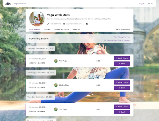 screenshot of Zenamu scheduling software for  yoga instructors