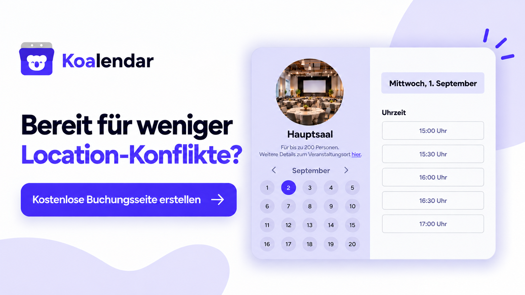 Banner für eine Online-Buchungssoftware für Veranstaltungsorte über die Reduzierung von Terminkonflikten