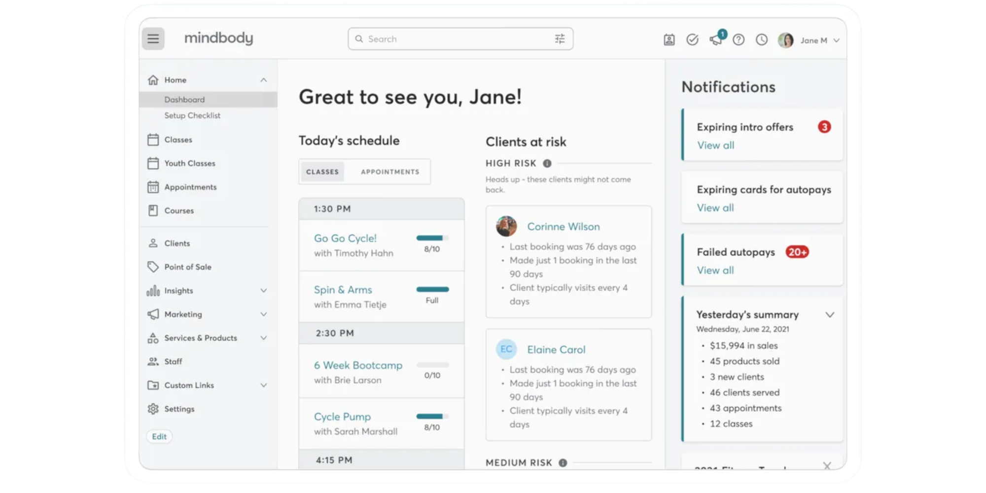 dashboard of mindbody best scheduling app for massage therapist