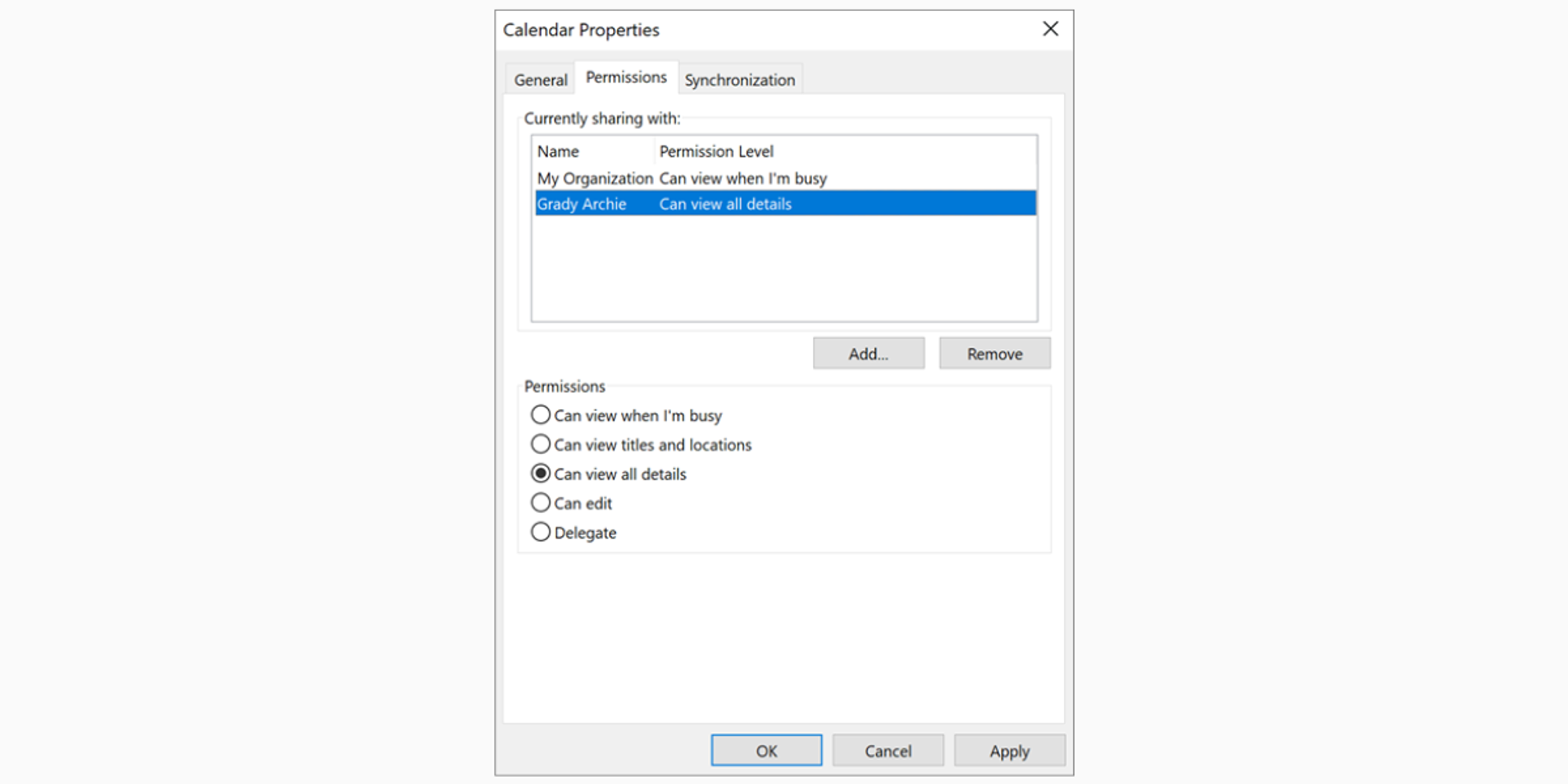 View shared calendar in Outlook properties