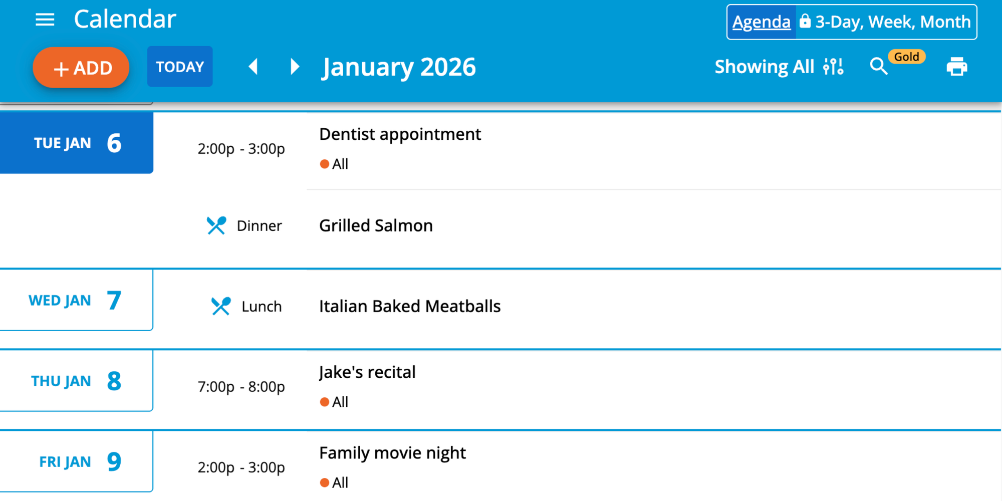 Cozi agenda showing a best family shared calendar app with reminders & alerts and color-coded schedules for shared plans.