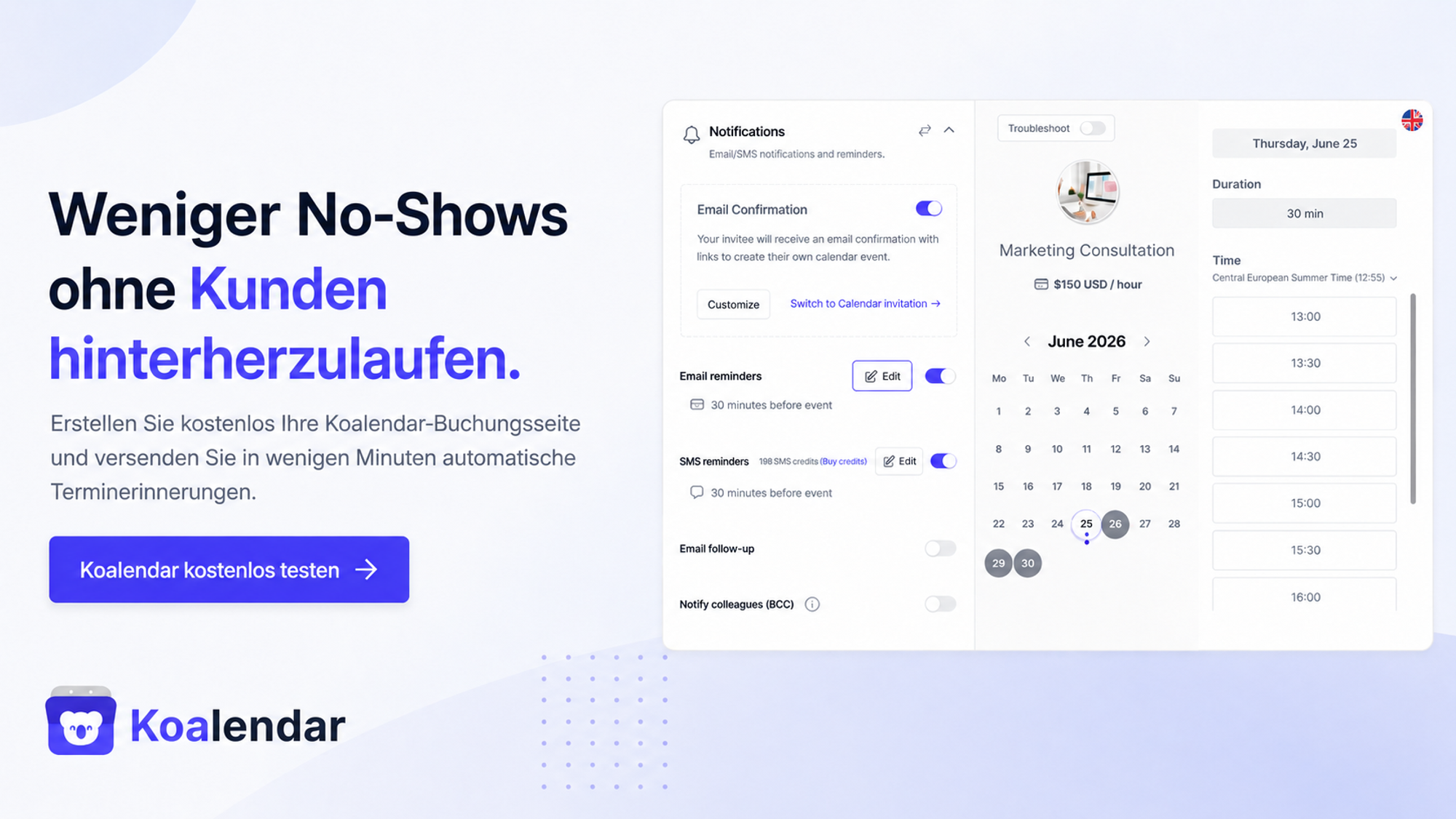 Banner der Koalendar-Terminplanungssoftware mit Terminerinnerungssystem zur Reduzierung von No-Shows