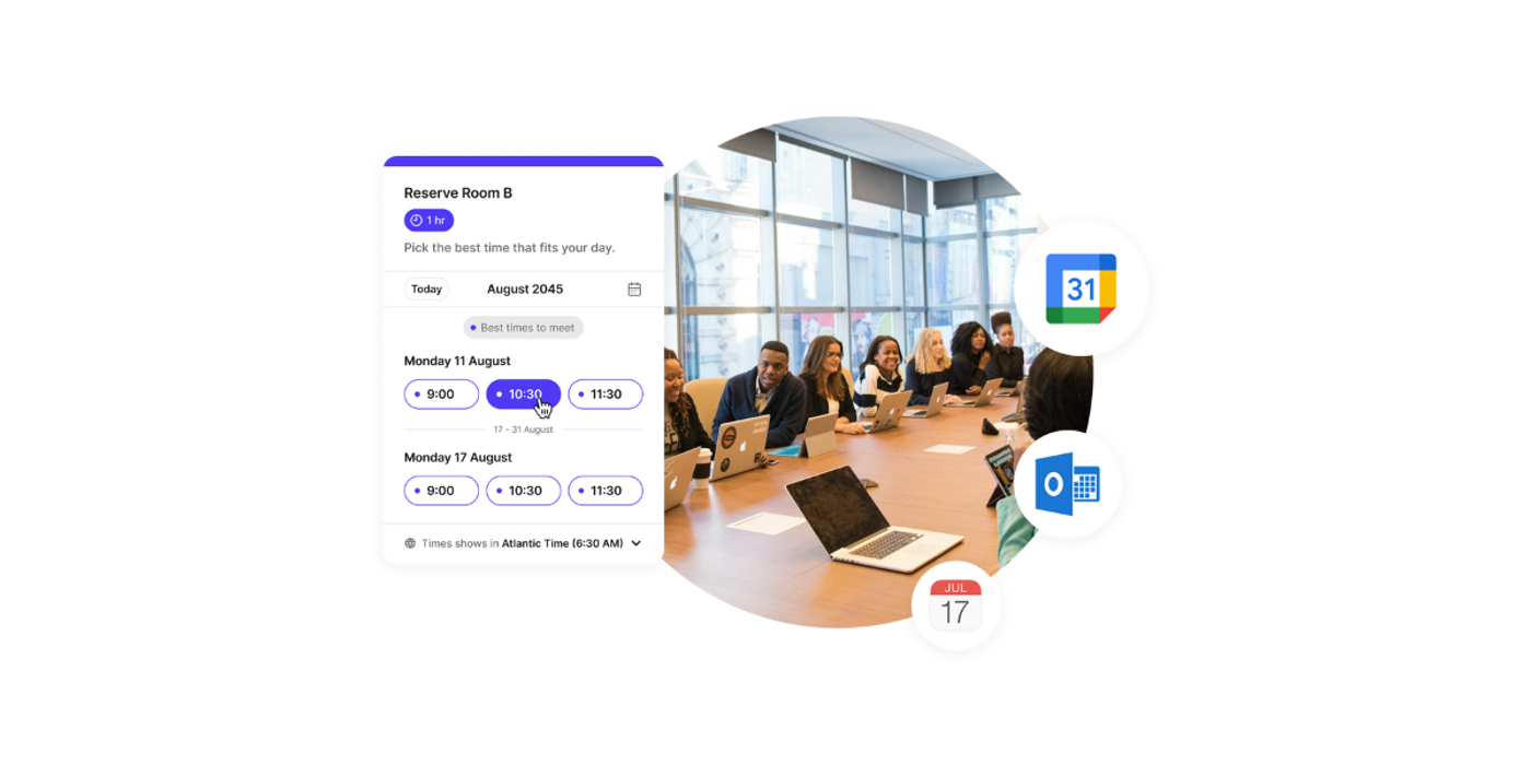 Focused meeting conversations and screenshot of Koalendar meeting room booking screen