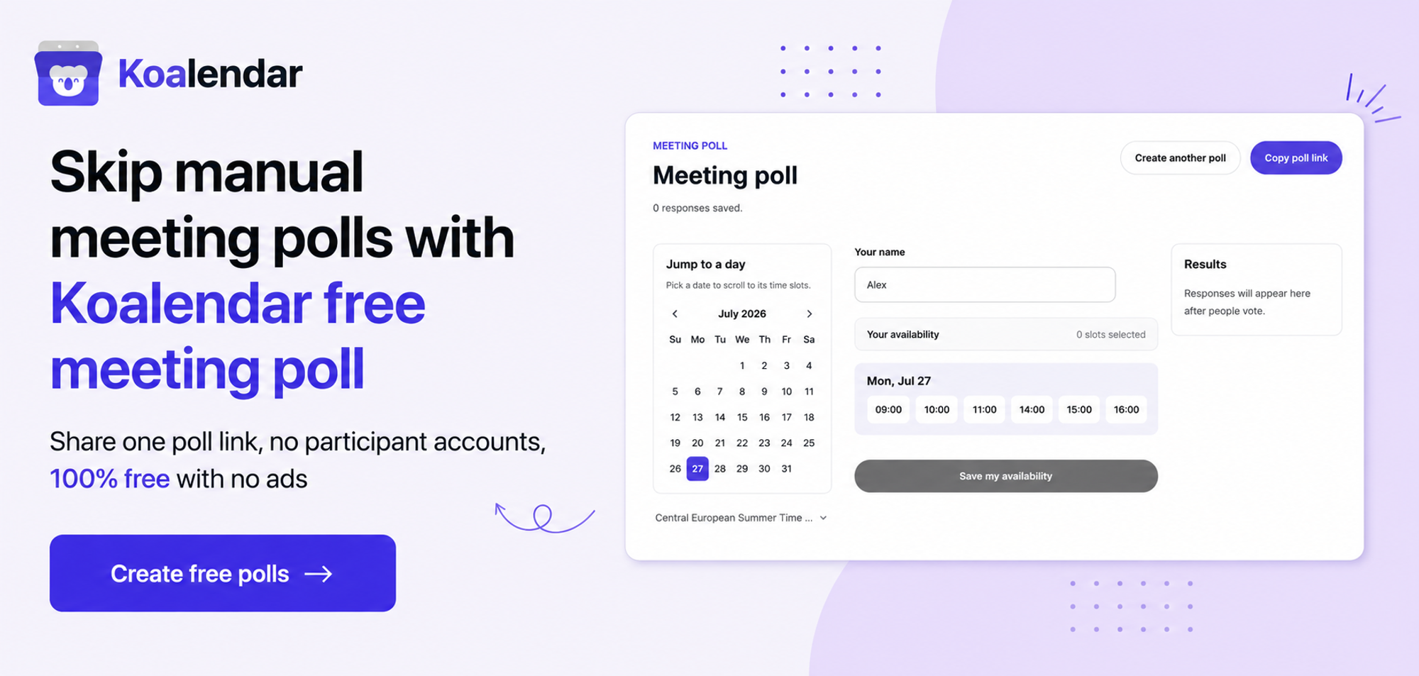 Koalendar free meeting poll as an alternative to Google Poll for dates, allowing participants to share availability through one link without creating an account.