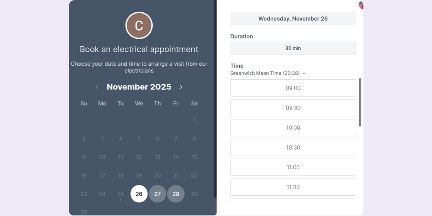 Koalendar booking screen for electrician appointment scheduling