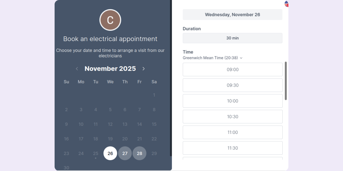 Koalendar booking screen for electrician appointment scheduling