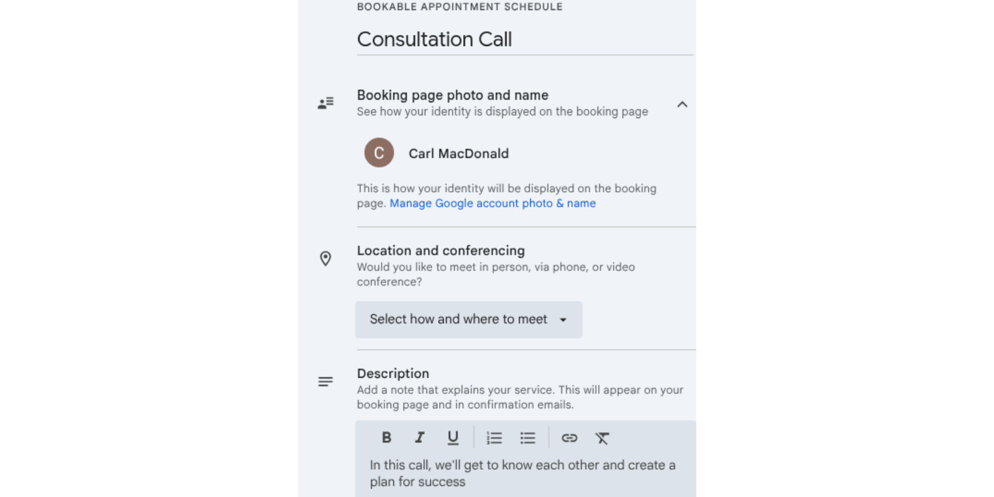Customizing booking page in Google Calendar
