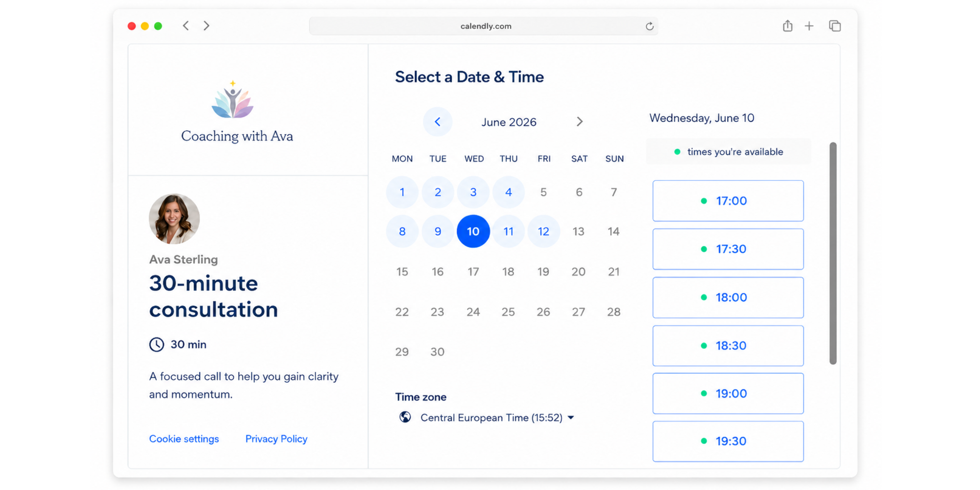example of coaching booking page made with calendly shwoing how does calendly work
