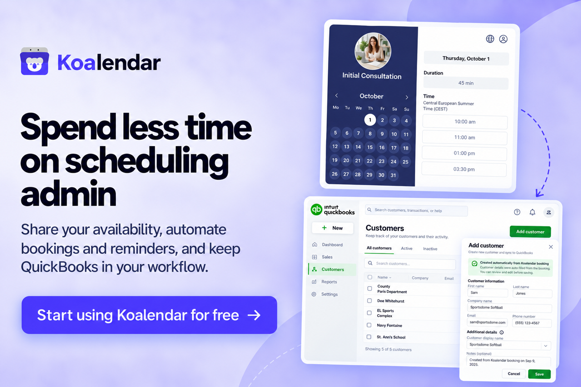 Koalendar banner showing a booking page and QuickBooks customer list for scheduling software that integrates with quickbooks.