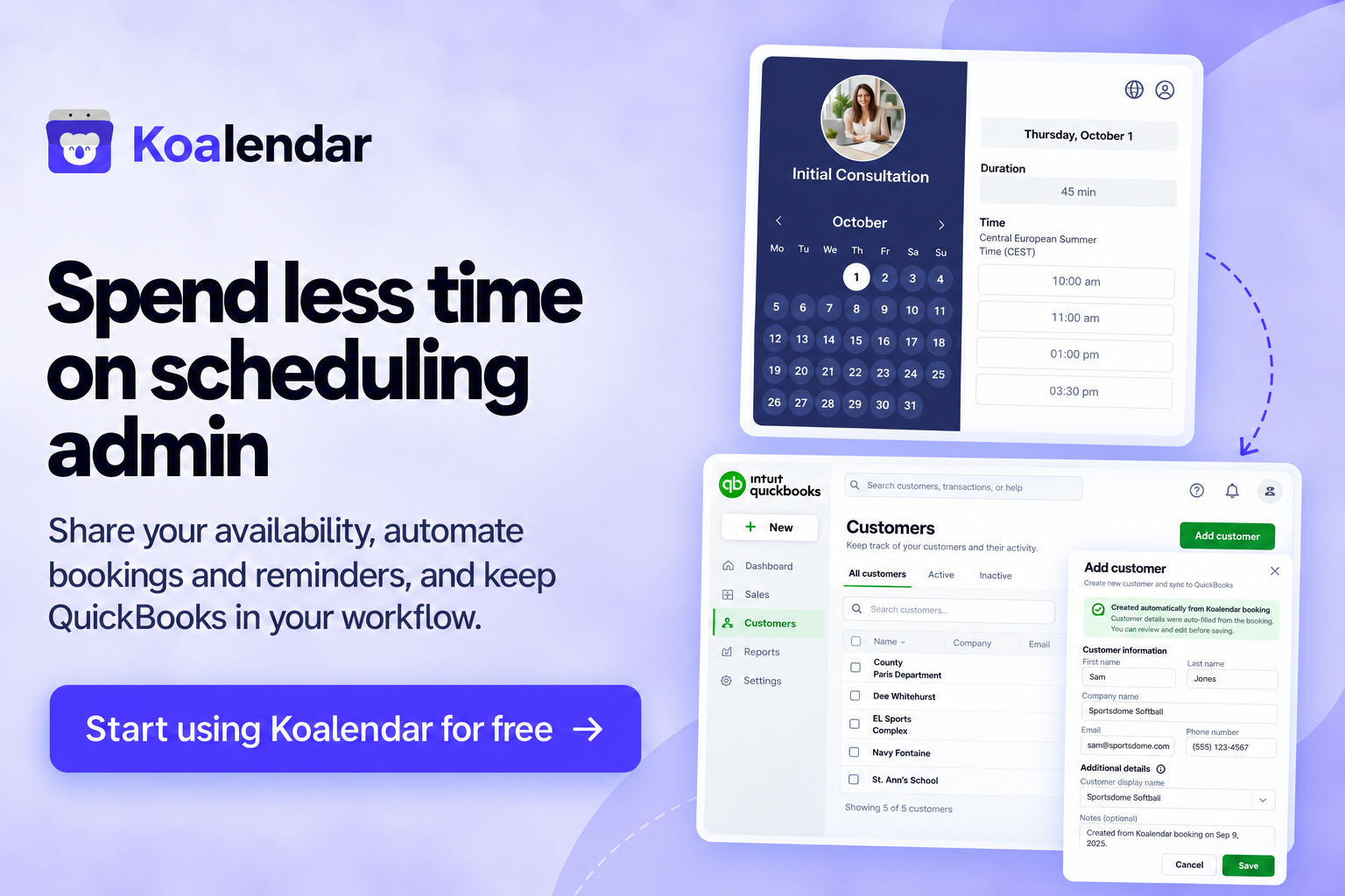 Koalendar banner showing a booking page and QuickBooks customer list for scheduling software that integrates with quickbooks.