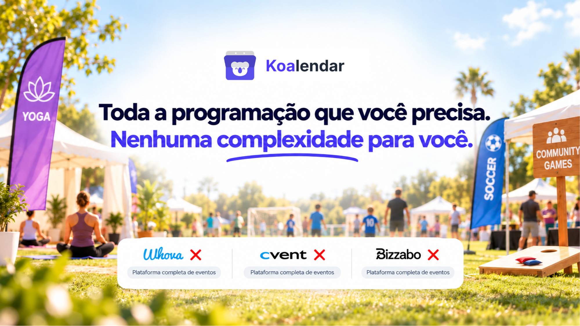 Banner do Koalendar mostrando ioga ao ar livre, futebol e atividades comunitárias para organizadores que estão comparando softwares de agendamento de espaços para eventos