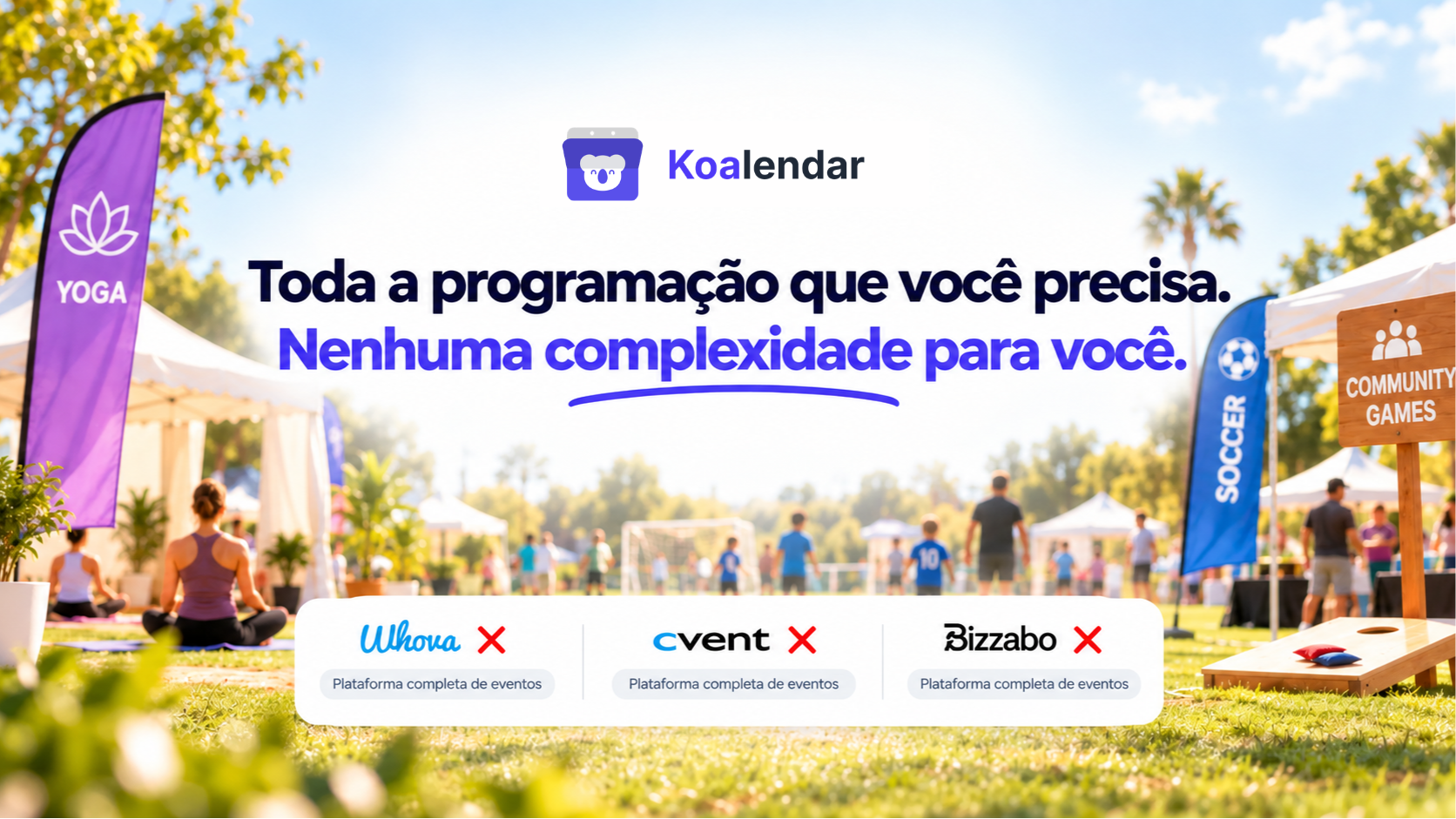Banner do Koalendar mostrando ioga ao ar livre, futebol e atividades comunitárias para organizadores que estão comparando softwares de agendamento de espaços para eventos