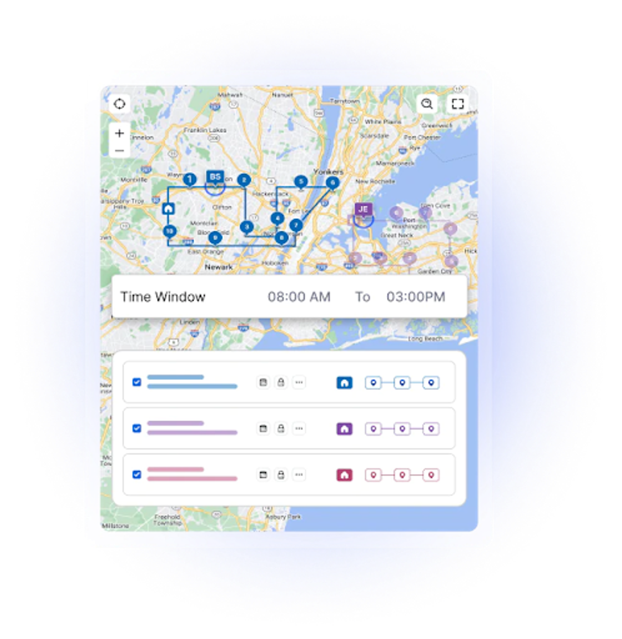 Map with route plans overlaid and time window for arrival shown on the Upper platform