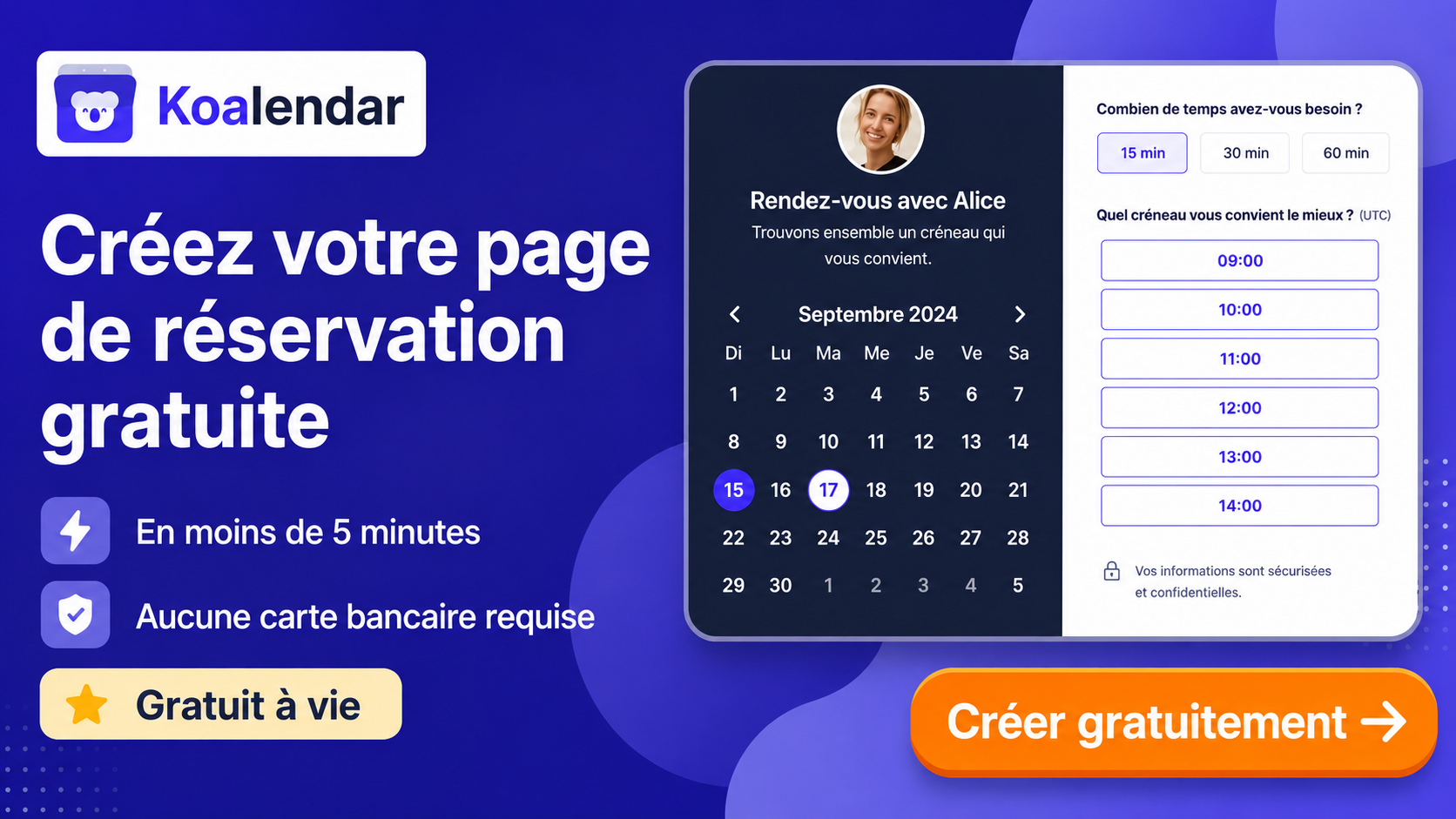 bannière pour les meilleurs calendriers en ligne gratuits montrant la page de réservation Koalendar