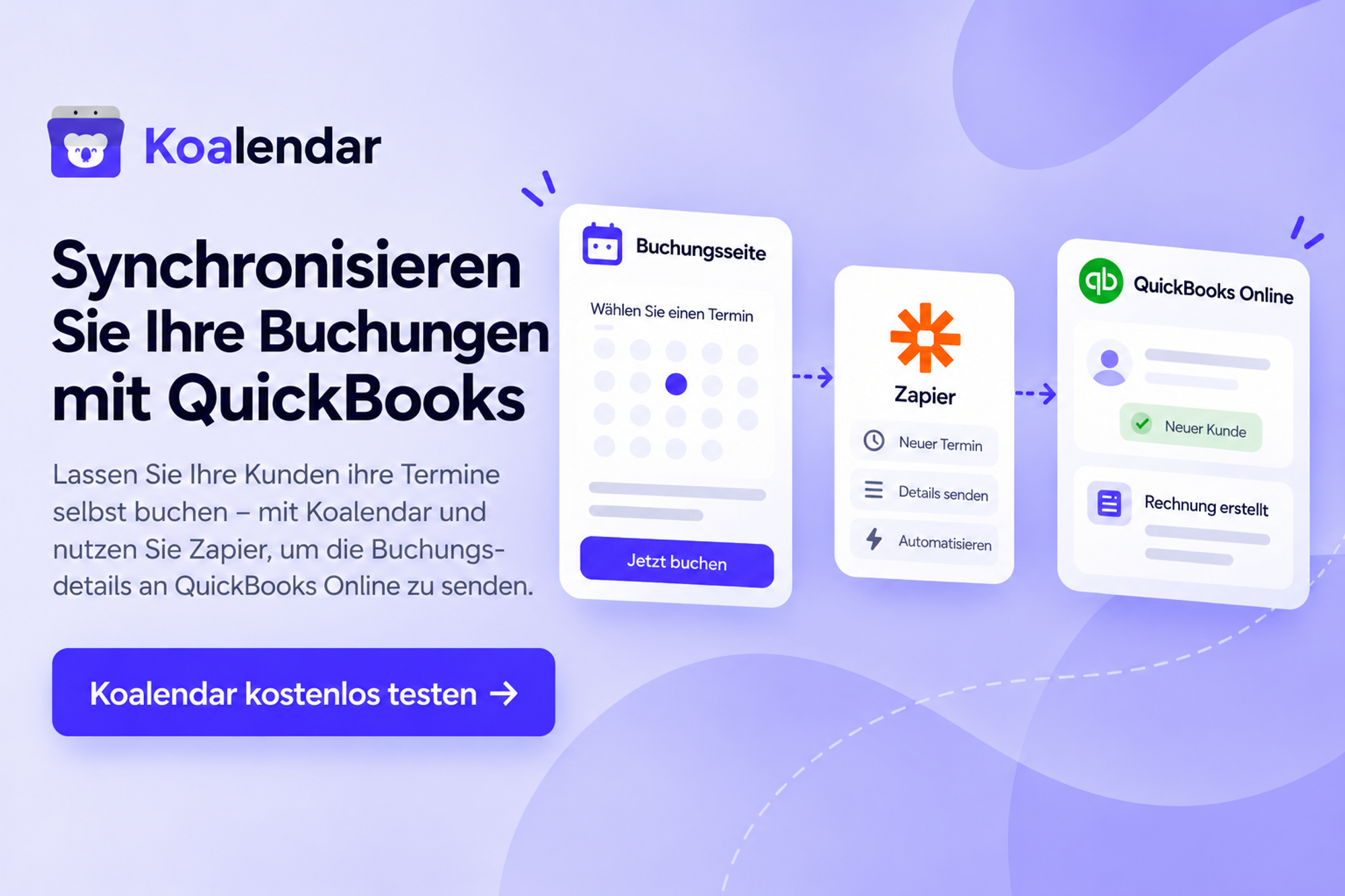 Koalendar-Banner mit Buchungsdetails, die über Zapier an QuickBooks Online gesendet werden, und einer Terminplanungssoftware mit QuickBooks-Integration.