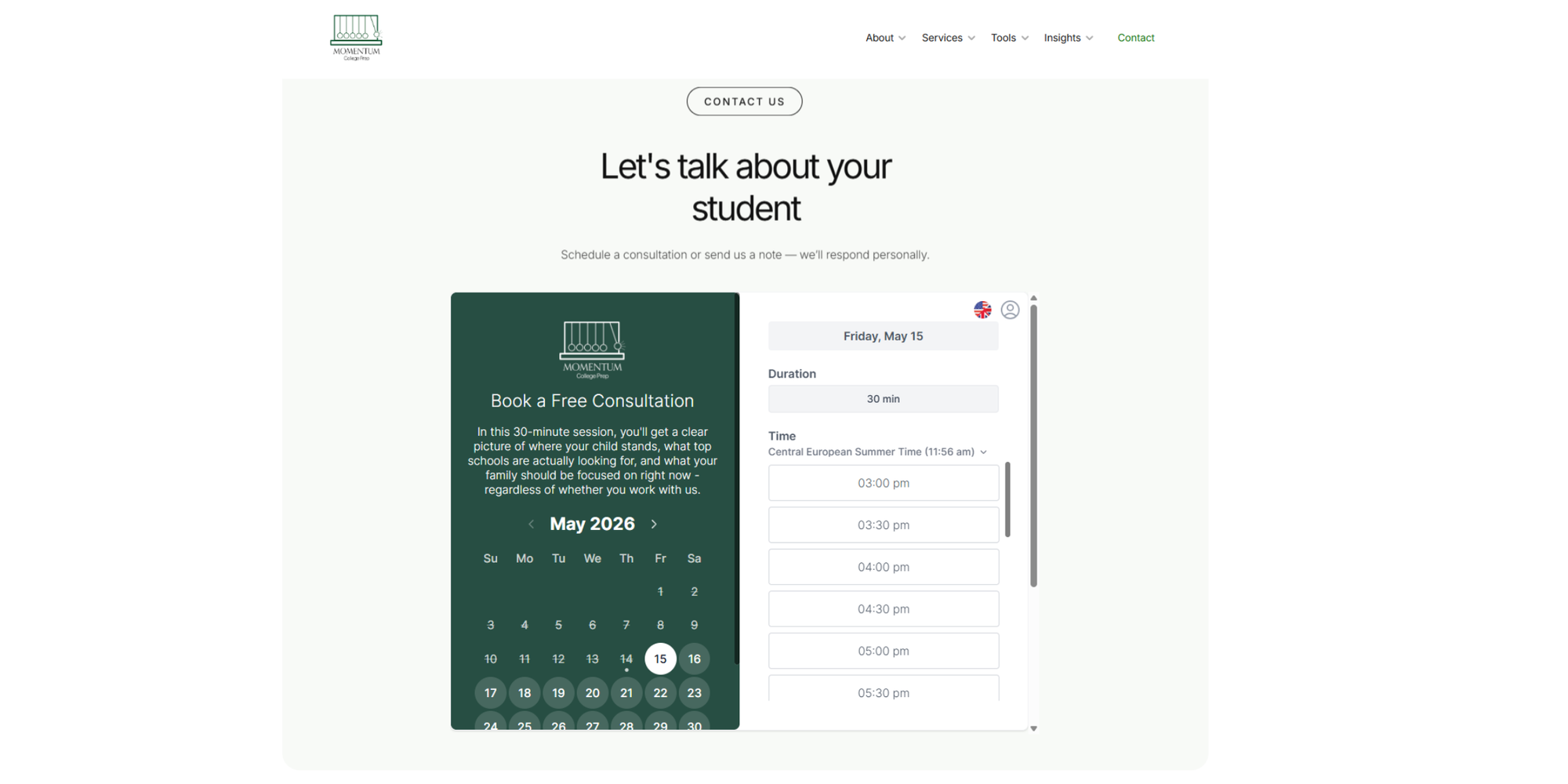 Momentum College Prep website with enabled Koalendar booking page