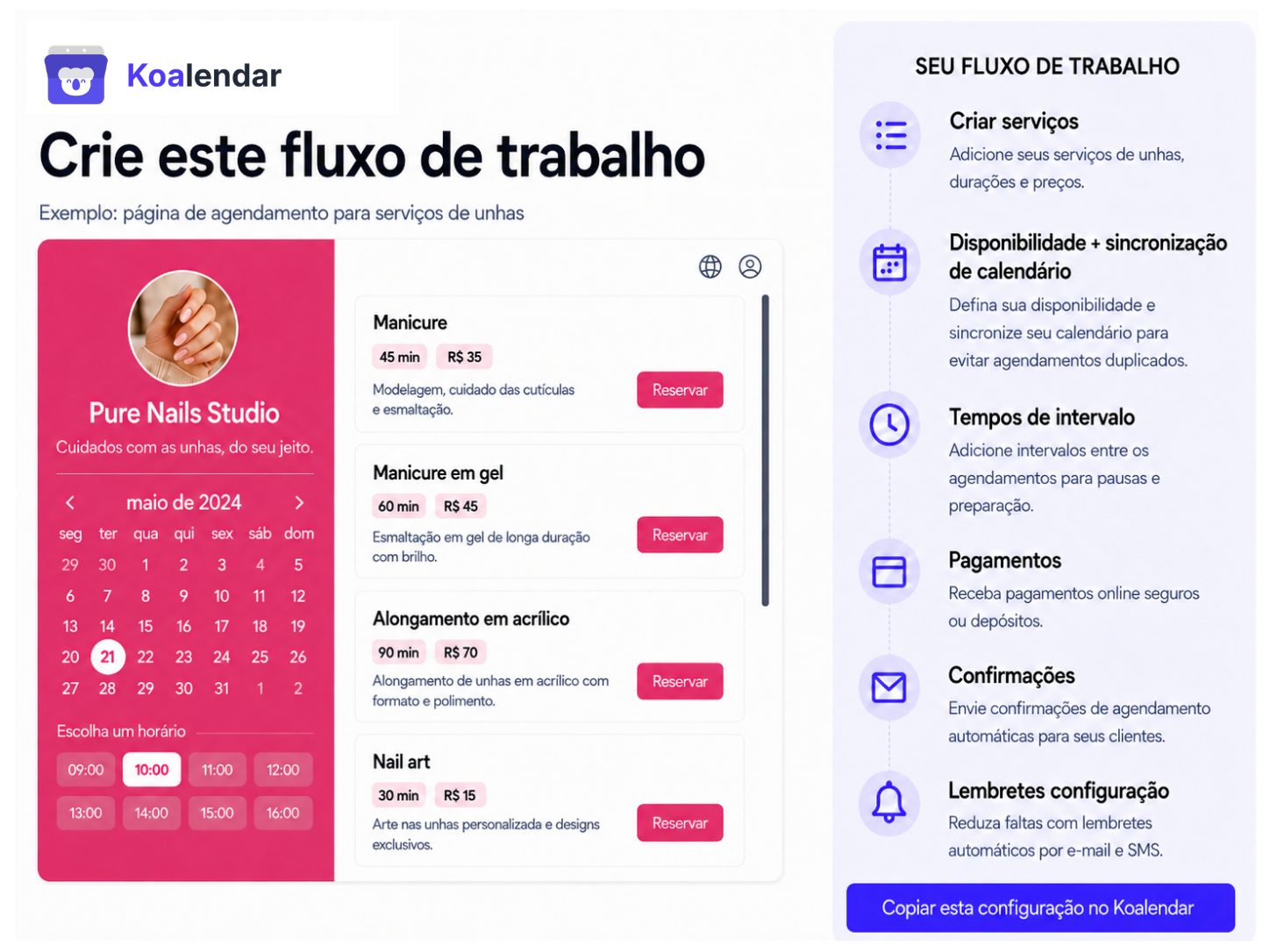 fluxo de agendamento de serviços de beleza criado com o software de agendamento de serviços Koalendar