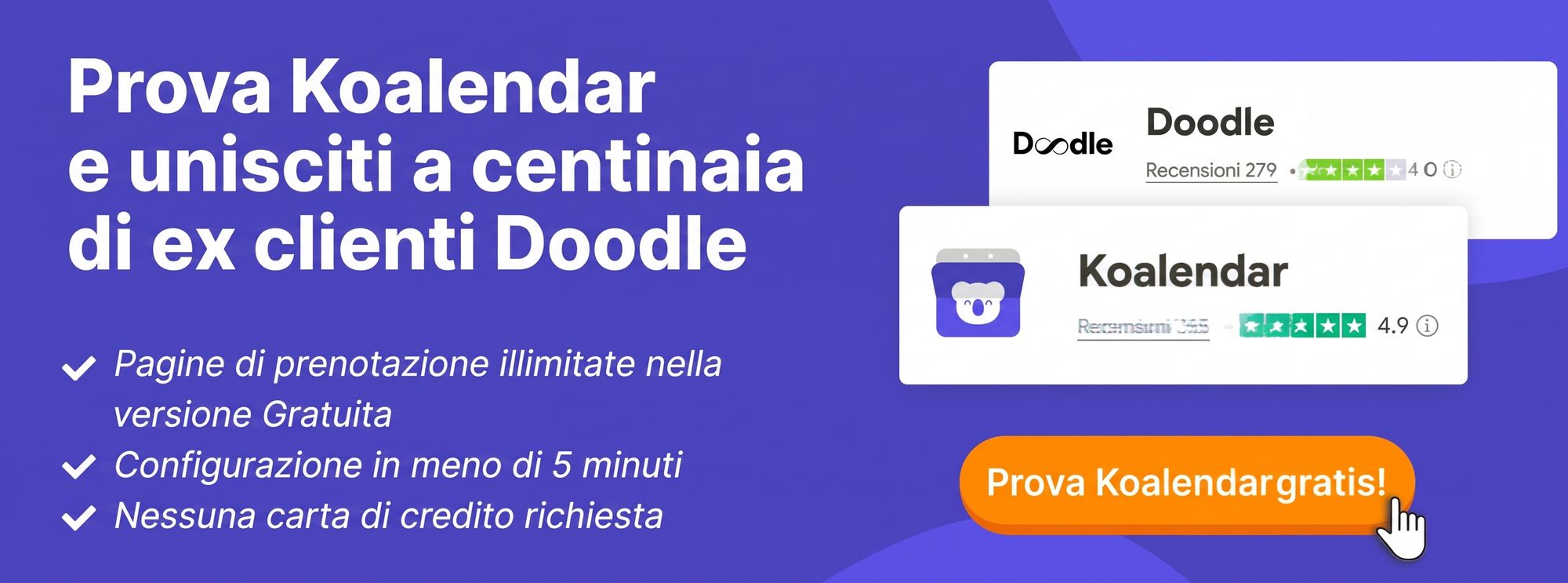 Banner dello strumento di pianificazione Koalendar confrontato con Doodle, con recensioni di Trustpilot