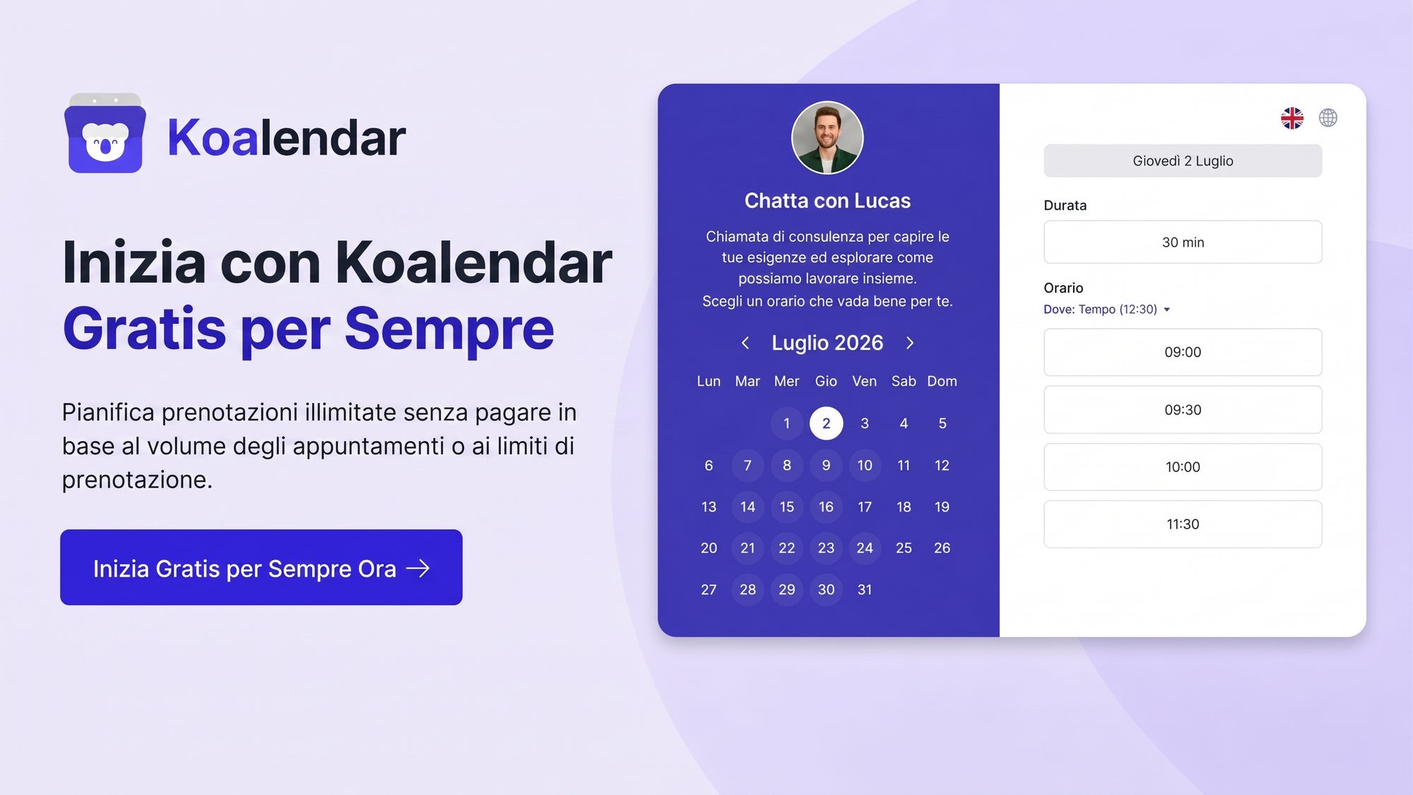 Banner di Koalendar che promuove prenotazioni illimitate per i professionisti che utilizzano i sondaggi di gruppo
