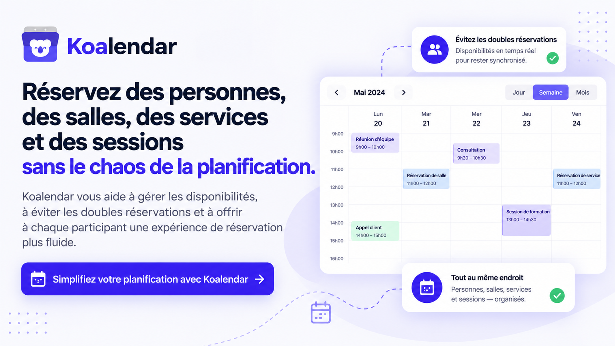 Bannière Koalendar présentant les réservations de personnes, de salles et de services à côté d’un calendrier, parmi des applications comme Notion Calendar.