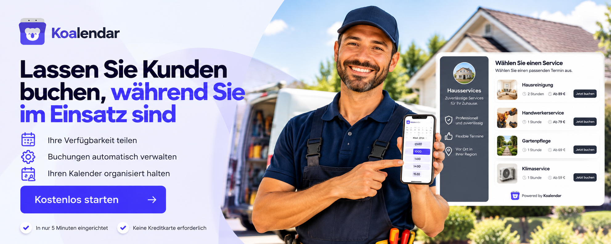 Koalendar-Banner mit einer Terminplanungssoftware für Haushaltsdienstleister, mit der sie noch während eines Einsatzes Kundentermine buchen können.