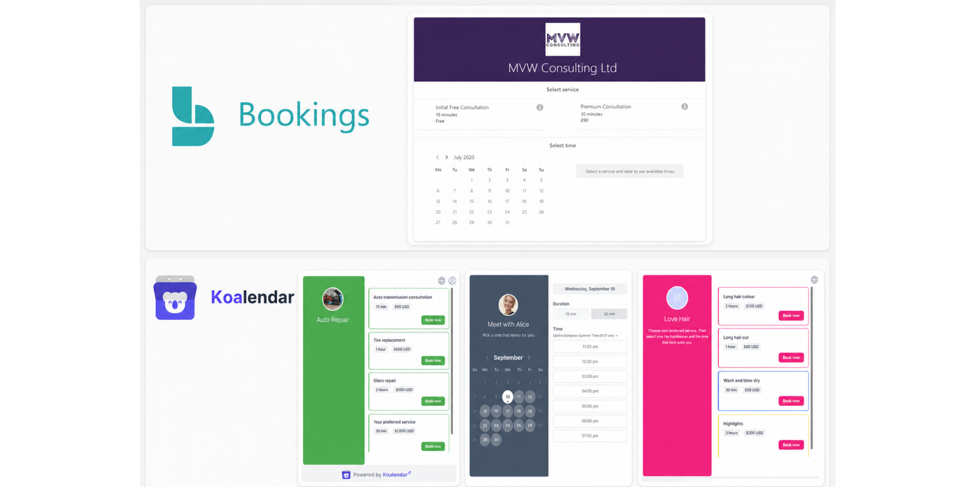 microsoft bookings booking page compared to koalendar booking page
