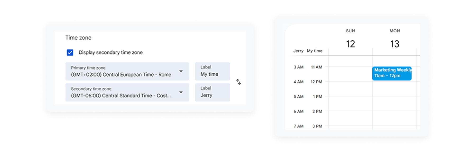 screenshot of time zone detection as one of google calendar hacks